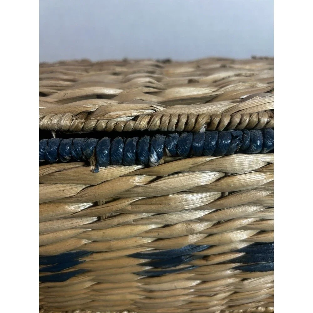 Woven Lidded Storage Basket Natural Blue Boho Bathroom Organizer Decorative Box